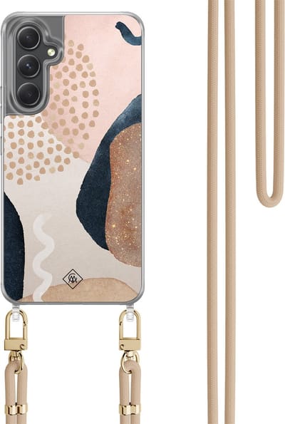 Casimoda® hoesje met koord - Geschikt voor Samsung A34 - Abstract Dots - Afneembaar koord - TPU/polycarbonaat - Bruin/beige
