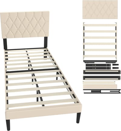 Gestoffeerd Bed - Platform Bed - Slaapkamer Inrichting - Moderne Knopen - 90 x 200 cm - Beige
