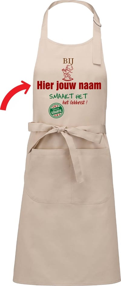 Naamcadeau - Naamschort - Keukenschort met je naam - BBQ schort - verjaardag - vaderdag - beige - het smaakt het lekkerst bij mijn: Peter
