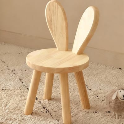 Massief Houten Kinderstoel met Rugleuning en Konijnenoren, Ideaal als Schoenwisselkruk en Voetenbank voor Kleuters en Kinderen, 45 x Ø26 cm