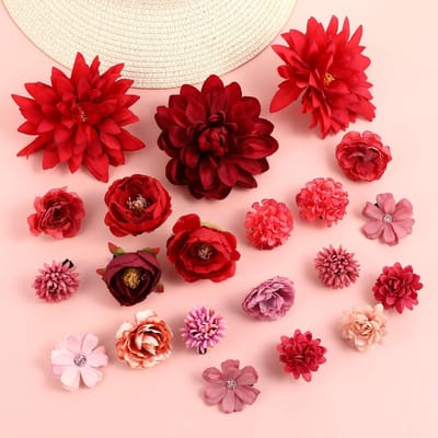Famanu - 21 Stuks Bloemen haarspelden, roos haarpins, boho/Hawaii kunstbloem clip/broche, bruiloft (rood)