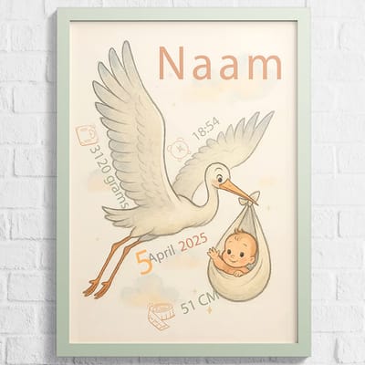 Babyposter - Ooievaar - Gepersonaliseerd met naam en geboorte gegevens - Poster voor baby - 30 x 40 cm - Baby posters