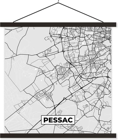 Posterhanger incl. Poster 60x60 cm - Schoolplaat - Frankrijk - Pessac - Stadskaart - Plattegrond - Kaart - Textielposter - Zwarte latten - Stadskaart