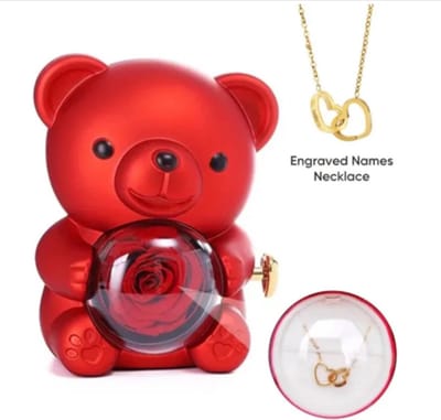 Liefdes Ketting Zilver Eeuwige Beer Met Roterende Bloem Prachtig Valentijn Cadeau Jubileum Bruiloft Luxe Verassing Geschenkdoos Acryl Teddybeer Eeuwige Bloem Zilveren Ketting Romantisch Pakket