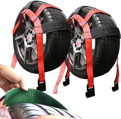 Spanbanden voor Autotransport - Wielspanbanden - Voertuig Vastzetten - Met Rubber Bescherming - 15-19 Inch Velgen - Rood Zwart