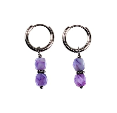 ∅14mm Oorbellen Dames - Gepolist RVS - Oorringen met Lila Glaskralen Hanger