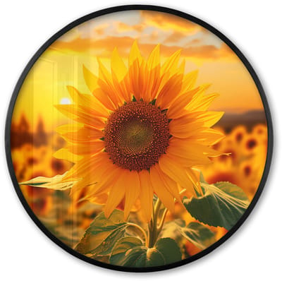 Poster in lijst Rond - Fotolijst 60x60 cm - Posters - Zonnebloem - Bloemen - Geel - Bloemenveld met zonnebloemen - Ronde posterlijst zwart - Decoratie - Wanddecoratie woonkamer - Muurdecoratie slaapkamer