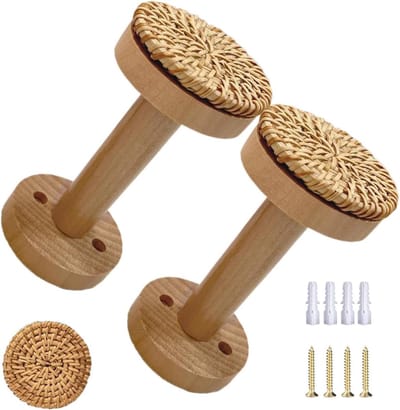Gordijnhouders Wandmontage - Decoratieve Haken - Gordijnen Organiseren - Handgeweven Boho Stijl - 2 Stuks - Houtkleur