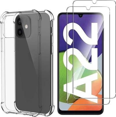 Anti-Shock silicone hoesje met 2 Pack Tempered glas Screen Protector Geschikt voor: Samsung Galaxy A22 5G