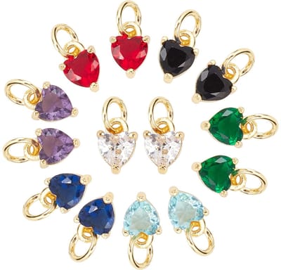 PandaHall 14 stks Cubic Zirconia Hangers 7 Kleuren Liefde Hart Charms 18K Vergulde Hanger met Jump Ring Oorbel Armband Ketting Choker Sieraden Accessoire Maken DIY Gift, 8X5mm, Messing Zirkonia