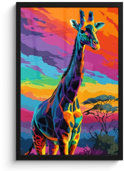 Poster in lijst - Fotolijst 40x60 cm - Posters - Giraffe - Savanna - Lucht - Gekleurd - Posterlijst zwart - Decoratie - Wanddecoratie woonkamer - Muurdecoratie slaapkamer