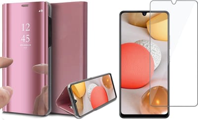 Hoesje geschikt voor Samsung Galaxy A42 - Screen Protector GlassGuard - Book Case Spiegel Roségoud & Screenprotector