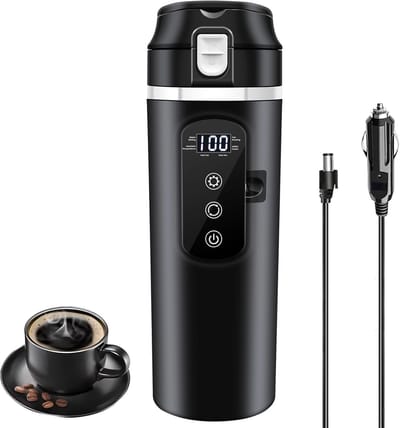 Auto waterkoker 12V/24V 400 ml, Elektrische verwarmingsmok met temperatuurregeling tot 100 ℃, Lekvrij, Voor reizen en auto