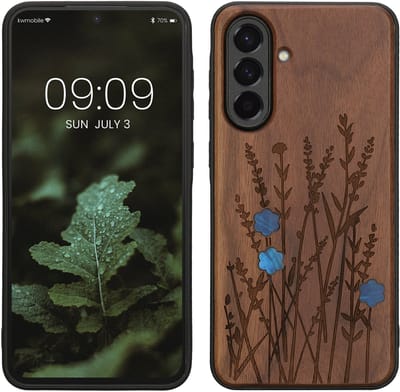 kwmobile telefoonhoesje geschikt voorSamsung Galaxy A56 5G - Hoesje met bumper - hout - In donkerbruin Parelmoer lavendel design