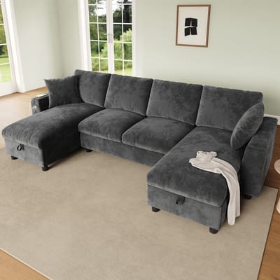 MODFU U-Vormige Bank - Met Opbergruimte En USB-C-Aansluiting - Modern - Voor Woonkamer - Chenille - Grijs - 284 x 135 x 84 cm
