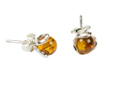 Zilveren knop oorbellen Barnsteen / Amber 925 zilver