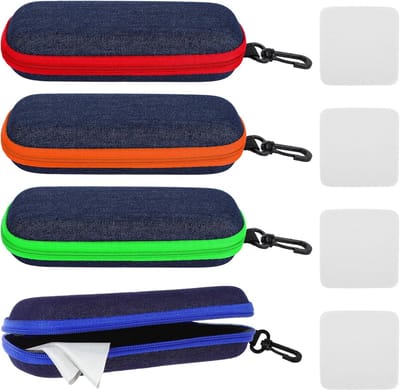Set van 4 Draagbare Brilhoezen van EVA, Harde Bescherming met Carabiner en Rits, Inclusief Microvezeldoek voor Zonnebrillen en Fietsglazen