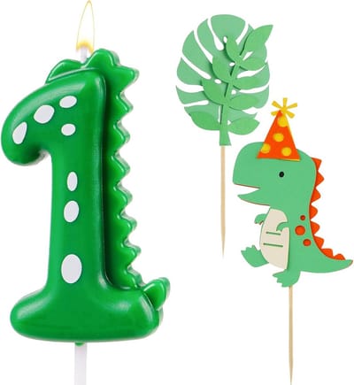 Dinosaurus Taartdecoratie: Kaars Cijfer 1 met 2 Extra Dinosaurus Toppers