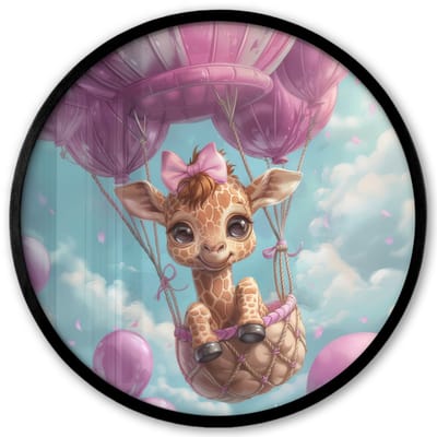 Poster in lijst Rond - Fotolijst 40x40 cm - Posters - Luchtballon - Giraf - Ballon - Wolken - Paars - Ronde posterlijst zwart - Decoratie - Wanddecoratie woonkamer - Muurdecoratie slaapkamer