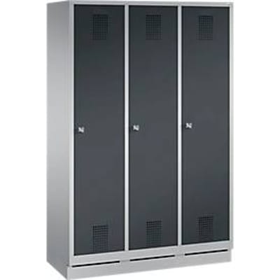 Kapstok Evolo S 3000, staal, met fitting, 3 compartimenten met allebei B 400 mm, cilinderslot, blank aluminium RAL 9006/antraciet RAL 7016