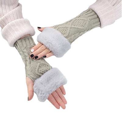 Lichtgrijze Polswarmers met bont - Vingerloze handschoenen Dames