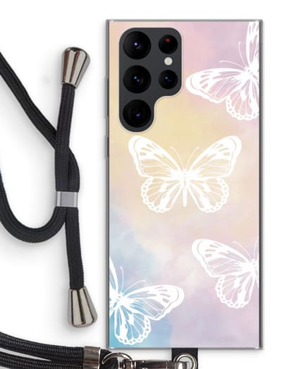 Case Company® - Hoesje met koord geschikt voor Samsung Galaxy S22 Ultra hoesje met Koord - White butterfly - Telefoonhoesje met Zwart Koord - Bescherming aan alle Kanten en Over de Schermrand