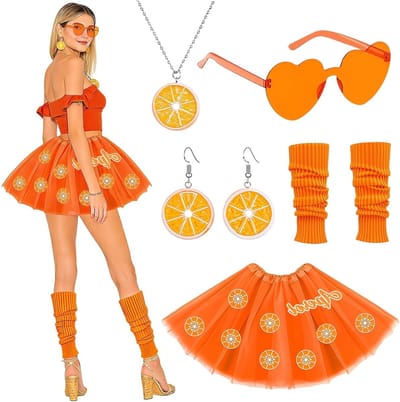 Dames oranje kostuum set voor feesten, carnaval en thema-avonden met accessoires