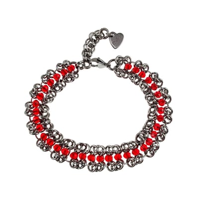 Europese Weeftechniek Armband met Rode Kristallen, RVS, Dames, Handgemaakt door esde2 - Verstelbaar 16- 19cm