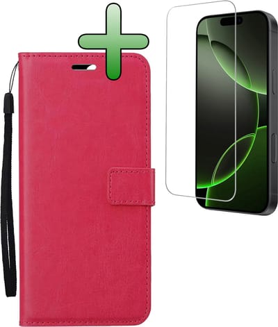 Hoesje Met Screenprotector - Geschikt voor Apple iPhone 16 Pro - Luxe Pasjeshouder - Bookcase Portemonee - Flip Case - Kunstleer Book Case - Flipcase - Book Cover - Walletcase - Portemonneehoes - Donkerroze