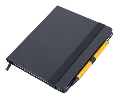 Troika Notitieblok "BLACK SLIMPAD A5" Notitieblok DIN A5 inclusief balpen, 64 geperforeerde bladen (128 pagina's), met zwart gekleurde pagina-einden, puntjesraster, vak voor bonnetjes, balpen CONSTRUCTION BASIC, kunstleer / metaal, mat, zwart