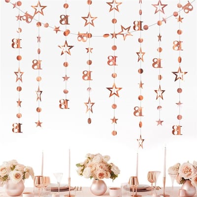 Feestelijke Decoraties voor 18e Verjaardag, Roze Goud, Met Cirkelvormige Dots en Sterren Garland voor een Onvergetelijk Feest