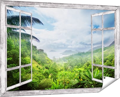Gards Tuinposter Doorkijk Jungle Uitzicht op de Seychellen - 150x100 cm - Tuindoek - Tuindecoratie - Wanddecoratie buiten - Tuinschilderij