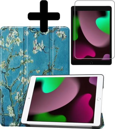 Hoes - Geschikt voor Apple iPad 9 (2021) - 10.2 inch - 9e Generatie - Met Screenprotector - Trifold Bookcase - Hard Cover - Hardcover Book Case - Tablet Hoesje - Bloesem