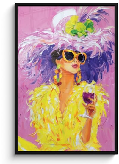 Poster in lijst - Fotolijst 80x120 cm - Posters - Zonnebril - Vrouw - Jas - Veren - Posterlijst zwart - Decoratie - Wanddecoratie woonkamer - Muurdecoratie slaapkamer