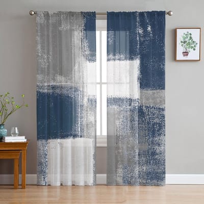 Olieverf Abstract Geometrisch Blauw Transparante Gordijnen voor Woonkamer Decoratie Raamgordijnen Keuken Tule Voile Gordijnen W135 x H115cm x1 blue