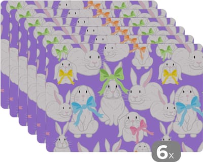 Placemat - Placemats kunststof - Patronen - Konijn - Paars - Lente - 45x30 cm - 6 stuks - Hittebestendig - Anti-Slip - Onderlegger - Afneembaar