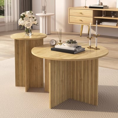 Wishdor Nesting salontafelset 2-delig – rond naturel houtlook, MDF/PB, plaatsbesparend en veelzijdig