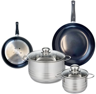 Set van 2 Koekenpannen 20 en 28 cm en 2 Kookpotten 16 en 24 cm Elo Prima Glanzend