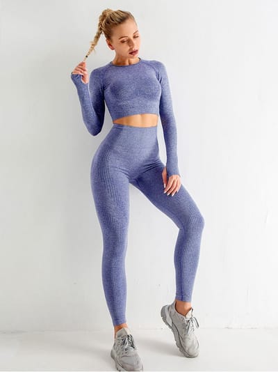 New Age Devi - Sport outfit - High Waist Squatproof Yoga legging - Crop Top met lange mouw - Paars - Maat Medium