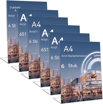 carmdering - L-Vormige Acrylen Tafelstandaard - A4 Menuhouder - Reclame Display - Schuin Ontwerp Voor Zichtbaarheid - Stabiele 8 Cm Voet - Ultratransparant Acryl En Kunststof - Krassvast Oppervlak - Veelzijdig In Gebruik - 6 Stuks