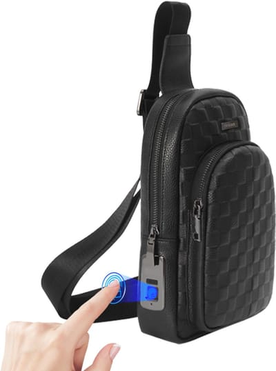 Ambrénoir Leren Crossbody Schoudertas met Vingerafdrukslot – Anti-Diefstal Unisex Tas – Zwart – Fingerprint Technologie – Schakenpatroon Design