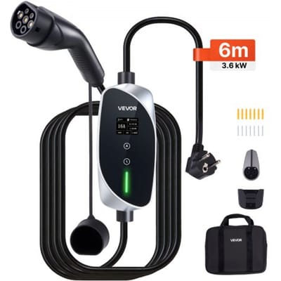 VEVOR Mobile Wallbox, 3,6 kW, 16 A, Type 2 Laadstation, Eenfasige Lader met 6 m Laadkabel, Schuko-Stekker (16 A), LCD-Display, IP66-Besturingseenheid, Voeding voor Elektrische Voertuigen
