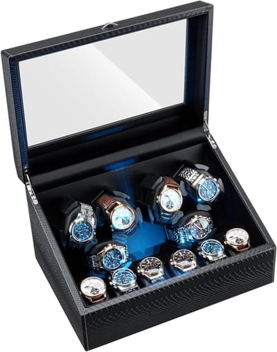 Automatische horlogewinder met slangenpatroon, LED-verlichting en 6 extra opbergcompartimenten, zwart - Perfect voor horloge-enthousiastelingen en luxe accessoires