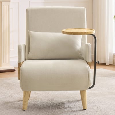 3-in-1 verstelbare fauteuil met slaapfunctie - houten dienblad - opvouwbare stoel met kussen - loungestoel - eenpersoonsbed - beige