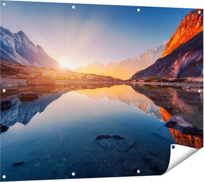Gards Tuinposter Bergen Landschap met Zonsopgang - 120x90 cm - Tuindoek - Tuindecoratie - Wanddecoratie buiten - Tuinschilderij