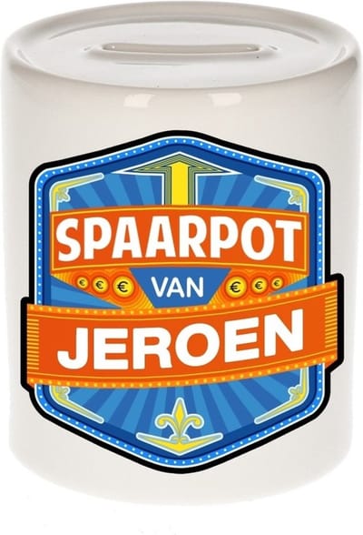 Bellatio Decorations Kinder spaarpot met naam - Jeroen - keramiek - met dop - wit - Sparen - Spaargeld van Jeroen