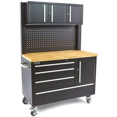 HBM werkbank 122 cm met 4 laden, kastenwand en achterwand, houten werkblad, zwart