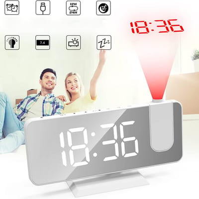 OKWISH Projectieklokken – LED Projectie Wekker Met Instelbare Helderheid, Temperatuurweergave En Schlaftimer – ABS – Wit