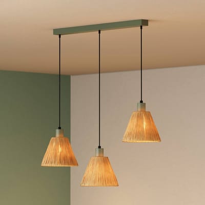 OSRAM 3-lamps hanglamp Decor Raffia Linear groen van raffia en metaal, E27, 845 mm lengte, lampenkap van gerecycled materiaal, duurzaam dankzij vervangbare lichtbron, eenvoudig te installeren