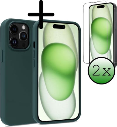Hoesje Met 2x Screenprotector - Geschikt voor Apple iPhone 15 Pro - Sterk & Shockproof - Back Cover - Siliconen Case - Telefoon Hoes - Donkergroen